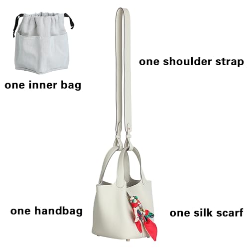 Genuine Leather Bucket Bag with Shoulder Strap, Organizer Insert & Silk Scarf for Women Handbag Tote Bag - color: Milky White-ggold