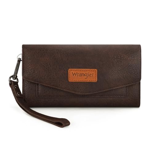 Montana West X Wrangler Womens Wallet Large Capacity Long Compact | Women's Wallets Wristlet for Woman Ladies Female Trifold Cash Wallet with Wrist Strap and Rfid Lining - color: Trifold-Coffee