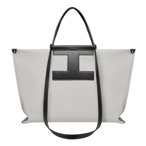 CHUNLI 15.6" Laptop Tote for Women - Lightweight Canvas-Textured Leather Work Bag, Structured Business Briefcase, Teacher - color: Grey & Black