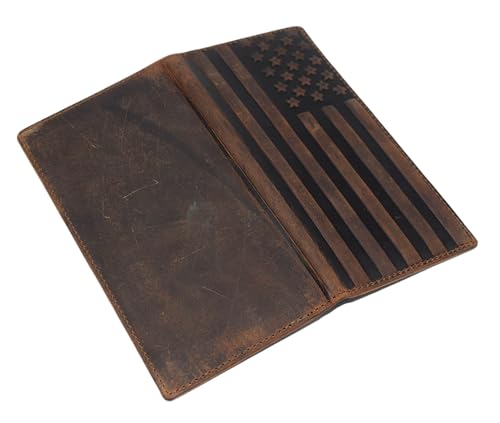 Genuine Leather Checkbook Cover For Men & Women Checkbook Holder Wallet RFID Blocking USA Series (USA Flag Brown) - color: USA Flag Brown