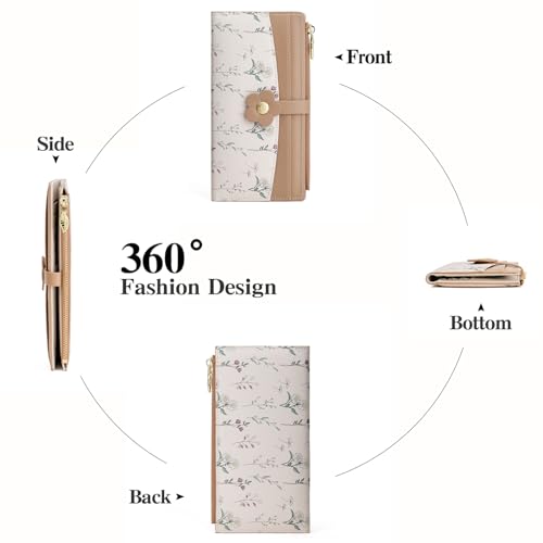 GAEKEAO Womens Wallet Slim Thin RFID Blocking Bifold Floral Vegan Leather Card Holder Large Capacity Wallet with Zipper Pocket - color: Y-Khaki