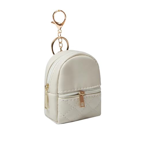 Mini Backpack Cute Cosmetic Bag for Women, Creative Cute Pendant Keychain Key-chains Keyrings PU Leather Makeup Bag Key Lipstick Card Holder Data Cable Organizer Zipper Pouch - color: Beige