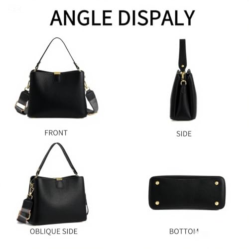 Leather Bucket Bag for Women, Soft Crossbody Top-handle Purse | Small Tote Handbag with 3 Style Detachable Straps, Spacious Daily Handbag for Work Outing Daily Use - color: Black