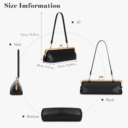 Women's Kiss Lock Shoulder Bag, Classic Small PU Purse with Gold Tone Frame, Underarm Bag for Party, Date, Evening - color: Black