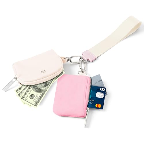 Mum's Memory Mini Zip Around Wristlet Wallets for Women -KeyChain Wallet with Detachable Dual Pouch Wristlet -Key Chain Coin Purse Small Wallets - color: Pink+White