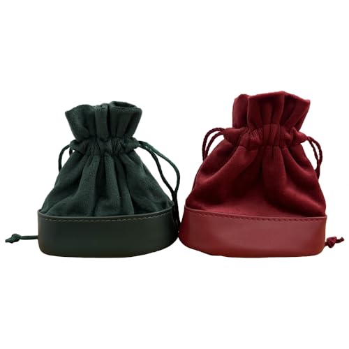 2pcs Velvet Drawstring Pouches PU Leather Bottom Gift Bags for Jewelry,Ring,Earrings,Earphone,Wedding Favors, Party Favors,4" X 4.3" (red+green) - color: red+green