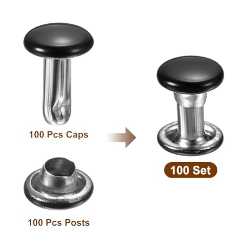 HARFINGTON 100 Sets Double Cap Leather Rivets, 6x8mm Round Cap Tubular Metal Studs Leather Crafting Rivets for Fabric Belt Pet Collar Boot Bag Repair and Decoration, Black - color: Black, size: 6x8mm