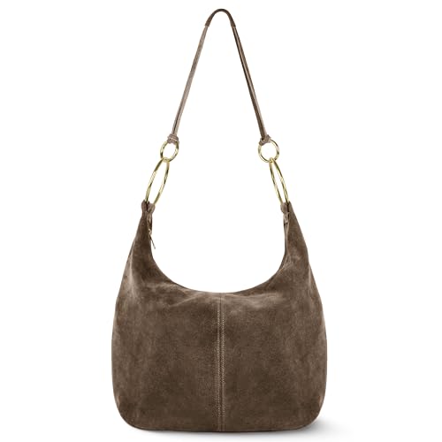 Italian Genuine Suede Hobo Bag for Women with Zippered Closure and Ring Handle Hardware | Large Shoulder Handbag (Tobacco) - color: Tobacco
