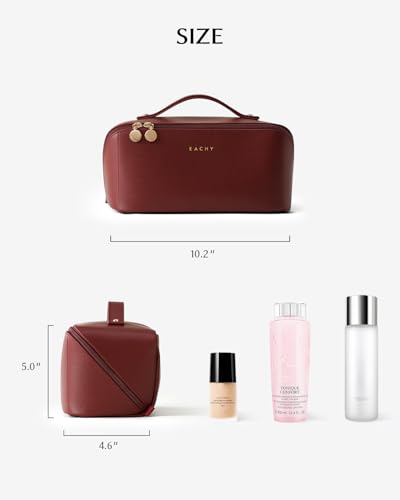 EACHY Travel Makeup Bag for Women, Flat Open Cosmetic Case, Red, Large | PU leather organizer with flat-open access, storage pockets and clear TPU brush compartment for daily makeup and toiletries - color: AO-Red, size: Large