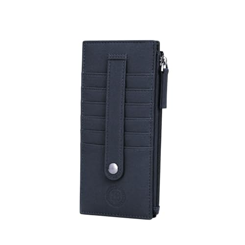 Leatherboss Genuine Leather Women's All in One Credit Business Card Case Holder Slim Zipper Wallet With a Card Protection Strap, Blue - color: Blue