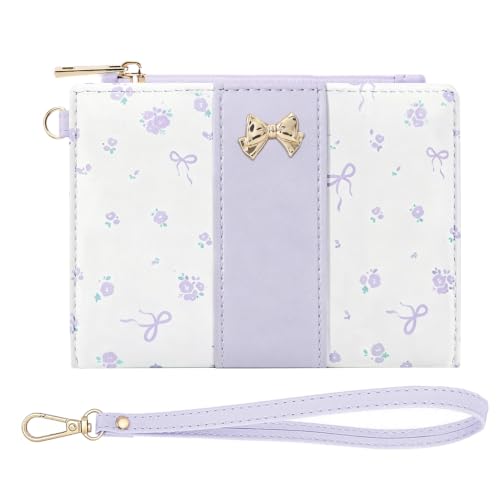 Floral Bow Small Zipper Wallet for Women Girls (BIFOLD-PURPLE) | Bifold Wallet, Zipper Coin Pocket, ID Window, 5 Card Slots, Removable Wrist Strap - color: BIFOLD-PURPLE