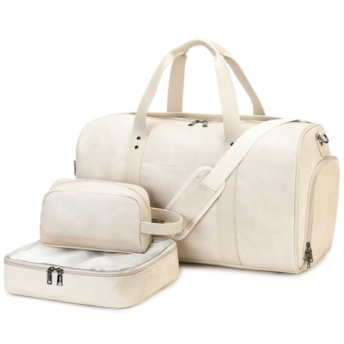 3PCS Faux Leather Weekender Bag for Women Men Travel Bag Overnight Bags | Leather Travel Duffel Bags for Traveling with Shoe Compartment Toiletry Packing Cube Carry On Tote Bag Men Fit 21.5" Laptop - color: White