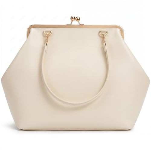 Kiss Lock Frame Handbag, PU Leather Shoulder Tote Bag Messenger Hobo Clutch Purse for Women Formal Work Leisure - color: Pu Beige