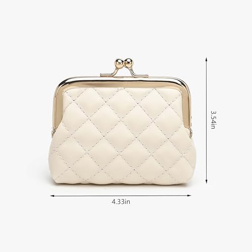 Vintage Kiss Lock Change Pouch, Quilted PU Leather Coin Purse for Women-4.92 Inch White - color: White