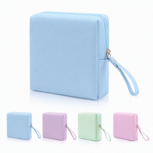 Sanitary Napkin Period bag for Women, Sanitary Napkin Storage Bag, PU Leather Sanitary Pad Bags Pounch, Portable Tampons Zipper Organizer Bag with Handle for Ladies - color: Blue