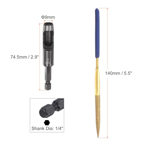 HARFINGTON Leather Hole Punch Tool 9mm 45#Steel 1/4 Hex Shank Drill Bits Electric Hollow Punch Set with 5.5" Half-Round File for Leathercraft Belt Fabric PVC Plastic Handbags Watch Band DIY - size: 9mm
