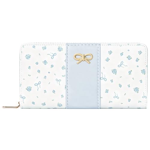 Floral Print Coquette Bow Long Wallet for Women (LONG-BLUE) | Clutch Wallet, Phone Holder, Coin Pocket, 12 Card Slots - color: LONG-BLUE