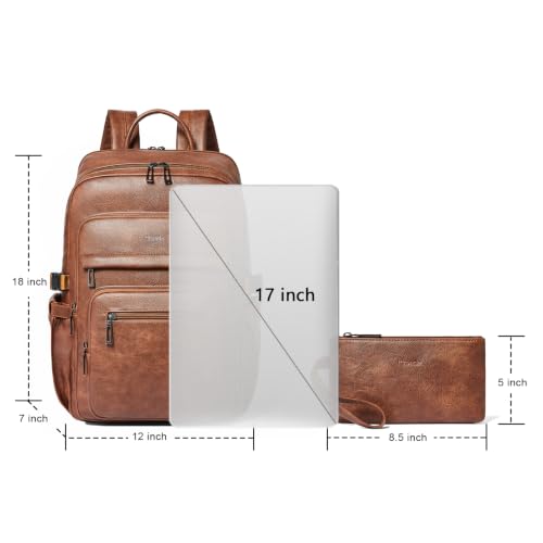 Leather Laptop Backpack for Women Fits 17" Laptop, with RFID Wristlet Purse - color: Brown