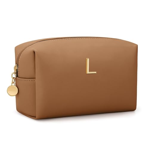 Gifts for Women Bridesmaid Gifts Initial Makeup Bag | Personalized Birthday Gift | PU Leather Cosmetic Pouch Bag | Waterproof Travel Toiletry Bag (Brown L) - color: Brown, style: L