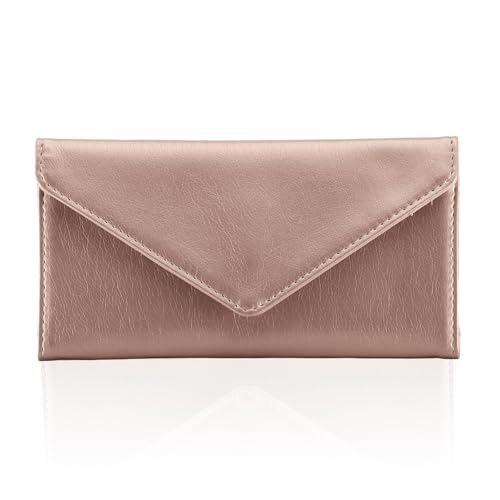 Envelope Wallets for Women Leather Credit Card Holder with RFID Blocking,2 ID Window, Zip Coin Pocket, Rose Gold - color: Rose Gold