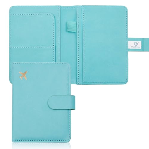 Melsbrinna Premium Leather Passport Holder Covers Case, Waterproof Rfid Blocking Travel Wallet Passport Holder with Pen Holder, Cute Passport Book for Women/Men - color: AW-Lake Blue