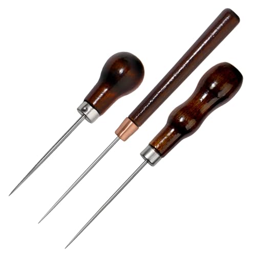 GOLD DEER 3 Pack Scratch Awl Tool with Wooden Handle Sewing Awl Gourd Shape Pin Punching for Leather Punch Hole Craft Repair Shoes Sewing Crochet DIY Handmade Stitch