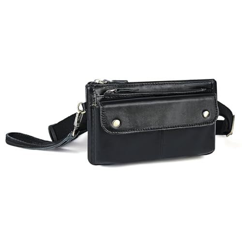 Water Resistant Canvas + Leather Hiking Riding Travel Fanny Waist Pack Small Phone Pouch For Men Women FB811-29 (100% Leather-The 8136 Black) - color: 100% Leather-The 8136 Black