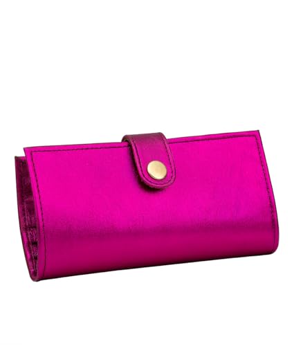 Women’s Genuine Leather Wallet – Slim Design with Secure Snap Multiple - Card Slots & Interior Zipper Pocket (Pink Metalic) - color: Pink Metalic