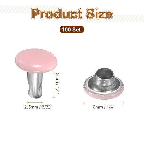 HARFINGTON 100 Sets Double Cap Leather Rivets, 6x6mm Round Cap Tubular Metal Studs Leather Crafting Rivets for Fabric Belt Pet Collar Boot Bag Repair and Decoration, Pink - color: Pink, size: 6x6mm