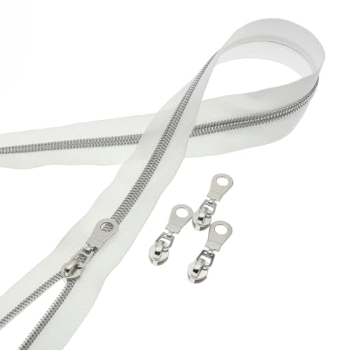 #5 Silver Metallic Nylon Coil Zipper 5 Yards White Tape 10pcs Silver Slider - color: White-silver