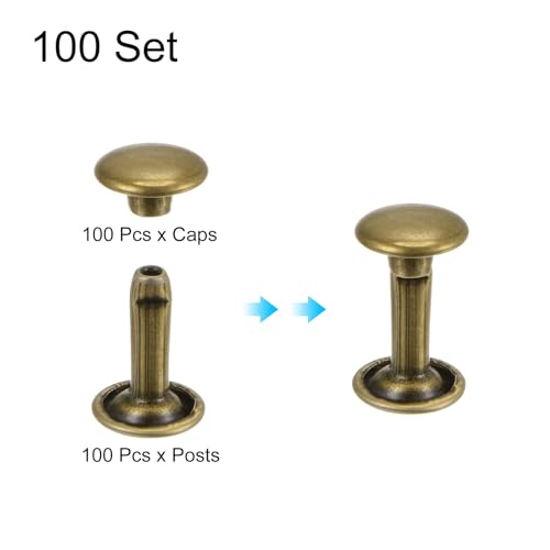 HARFINGTON 100 Sets Double Cap Leather Rivets, 9x12mm Round Cap Tubular Metal Studs Leather Crafting Rivets for Fabric Belt Pet Collar Boot Bag Repair and Decoration, Bronze - color: Bronze, size: 9x12mm