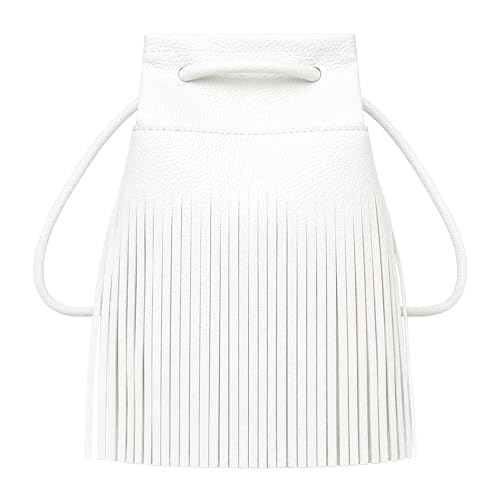 Women Mini Tassel PU Leather Crossbody Shoulder Bag Drawstring Bucket Bag | Small Fringe Cross body Bag Cell Phone Coin Purse Wallet - color: White