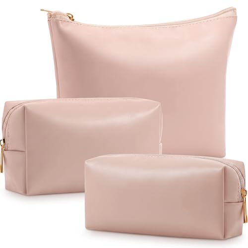 Kigeli 3 Piece Leather Makeup Bag Set Graduation Women Gifts PU Leather Makeup Toiletry Bag Bridesmaid Cosmetic Pouch Small Aesthetic Travel Purse for Wedding Birthday Women Gifts(Pink) - color: Pink