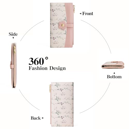 GAEKEAO Womens Wallet Slim Thin RFID Blocking Bifold Floral Vegan Leather Card Holder Large Capacity Wallet with Zipper Pocket - color: Y-Pink