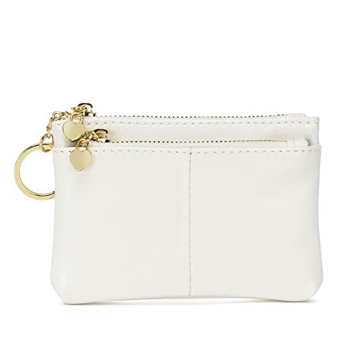 Women PU Leather Zip Mini Coin Purse With Key Ring Triple Zipper Card Holder Wallet (White) - color: White