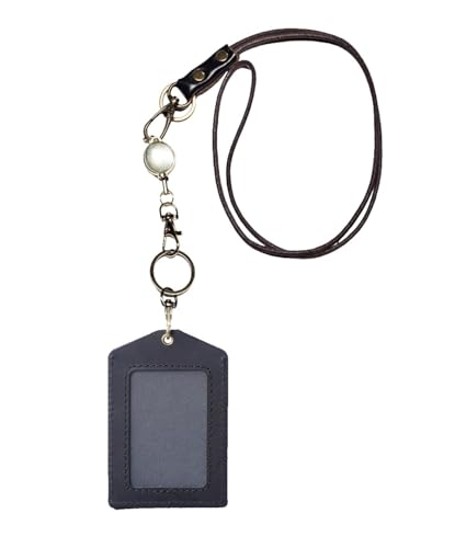 Genuine Real Leather ID Badge Holder with Lanyard & Retractable Reel, Top Grain Leather Vertical ID Holder & Lanyard, Gold Metal Keyring (Black) - color: 12 Id Holder & Lanyard - Black