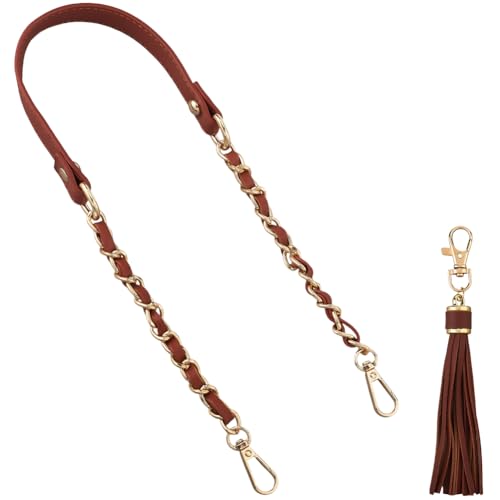 Flat PU Leather Bag Chain Replacement with Tassel Pendant 25 Inch Microfiber Leather Purse Chain Strap Handbag Handle for Women Shoulder Crossbody Bag Handbag DIY Crafts(Brown Gold) - color: Brown