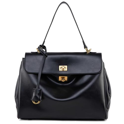 Suede & Leather Tote Bag for Women,Soft Leather Shoulder Handbags for Ladies,Satchel Purse for Travel Work - color: M Black & Gold Clasp