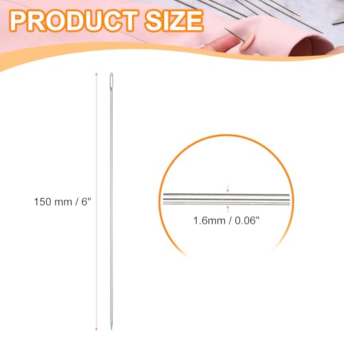 HARFINGTON 100 Pcs Sewing Needles 0.06 x 6 Inch Stainless Steel Big Eye Embroidery Thread Beading Leather Needle Upholstery Hand Sewing Awl for Art Craft Stitching Home Repair, Silver - size: 0.06 x 6 Inch