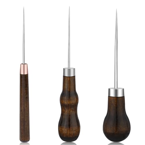 ZXIIXZ 3 Pack Leather Scratch Awls Tool, Wooden Handle Sewing Awl | Leather Awls for Stitching Punching Sewing, Scratch Awl Tool Supplies for DIY Leather Sewing Punching Craft Repair - color: 3 Pcs Wooden Brown