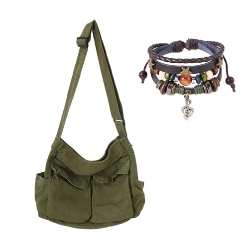 Canvas Messenger Bag for Women, Grunge Bag with Fairy Grunge Bracelet, Crossbody Bag with Bracelets Fairy Grunge Clothes - color: Military Green