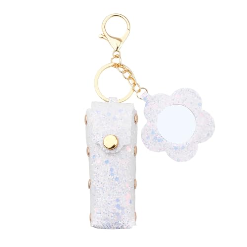 Sisadodo Glitter Lip Oil Holder Key Chains for Woman Lipstick Case with Mirror Lip Balm Keychain for Lipstick Case Keychain - color: White-flower