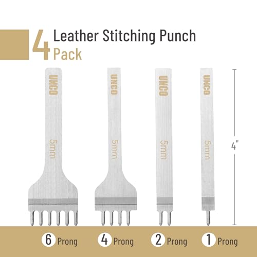 UNCO- Leather Stitching Punch, 4 Pack, 5 mm, 1/2/4/6 Prong, Leather Hole Punch Tool, Stitching Chisel - size: 5 mm