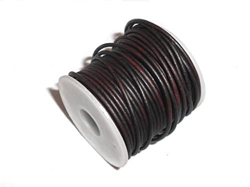 3mm Genuine Round Leather Cord Dark Brown Distressed | Rustic Versatile for Jewelry Making Crafts, Necklaces, Bracelets, Macrame | 20 Meters Spool (21.87 Yards)