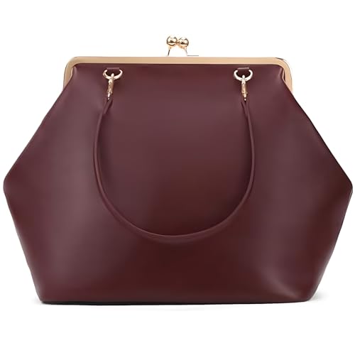 Kiss Lock Frame Handbag, PU Leather Shoulder Tote Bag Messenger Hobo Clutch Purse for Women Formal Work Leisure - color: Pure Burgundy