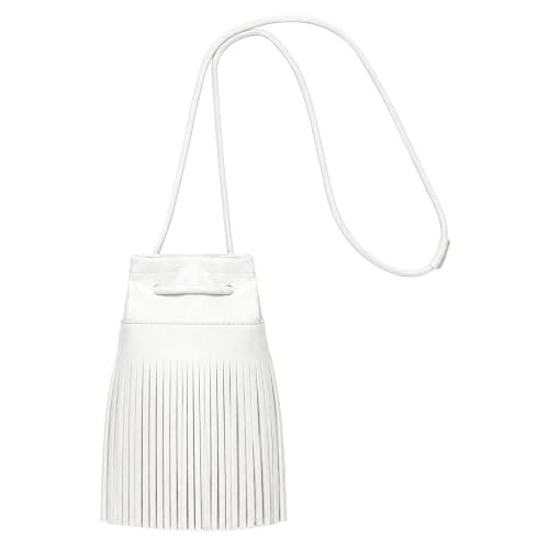 Women Mini Tassel PU Leather Crossbody Shoulder Bag Drawstring Bucket Bag | Small Fringe Cross body Bag Cell Phone Coin Purse Wallet - color: White