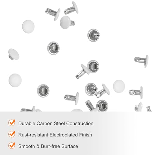 HARFINGTON 100 Sets Double Cap Leather Rivets, 6x6mm Round Cap Tubular Metal Studs Leather Crafting Rivets for Fabric Belt Pet Collar Boot Bag Repair and Decoration, White - color: White, size: 6x6mm
