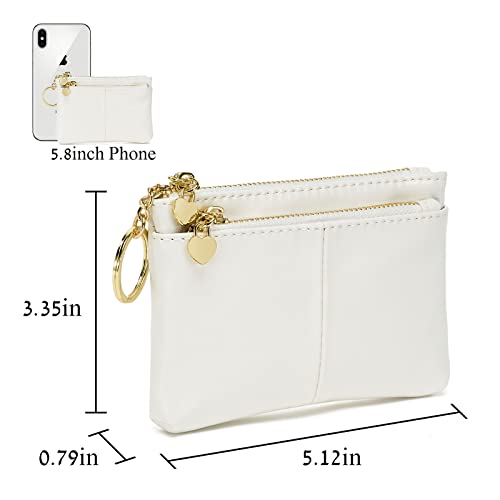 Women PU Leather Zip Mini Coin Purse With Key Ring Triple Zipper Card Holder Wallet (White) - color: White