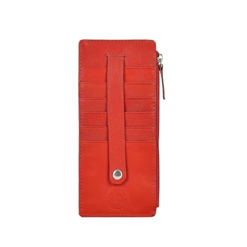 Leatherboss Genuine Leather Women's All in One Credit Business Card Case Holder Slim Zipper Wallet With a Card Protection Strap, Red - color: Red