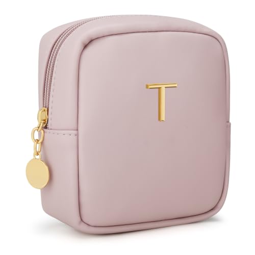 Initial Mini Makeup Bag Cosmetic Bag for Women | Personalized Gift, Toiletry Bags, 2 Mesh Pockets, Soft PU Leather, Water Proof Design, Smooth Zipper & Sturdy Build - size: 1pc Pink, style: T